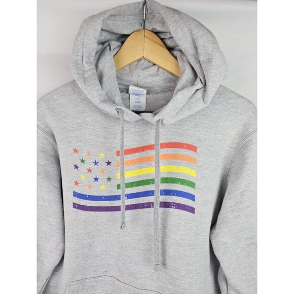 Rainbow American Flag Hoodie Sweatshirt Adult Size Medium Gray Pride LGBTQ Shirt - Picture 2 of 11